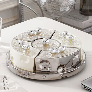 奶油风干果盘收纳盒分格带盖糖果零食盘陶瓷水果盘轻奢高档高级感