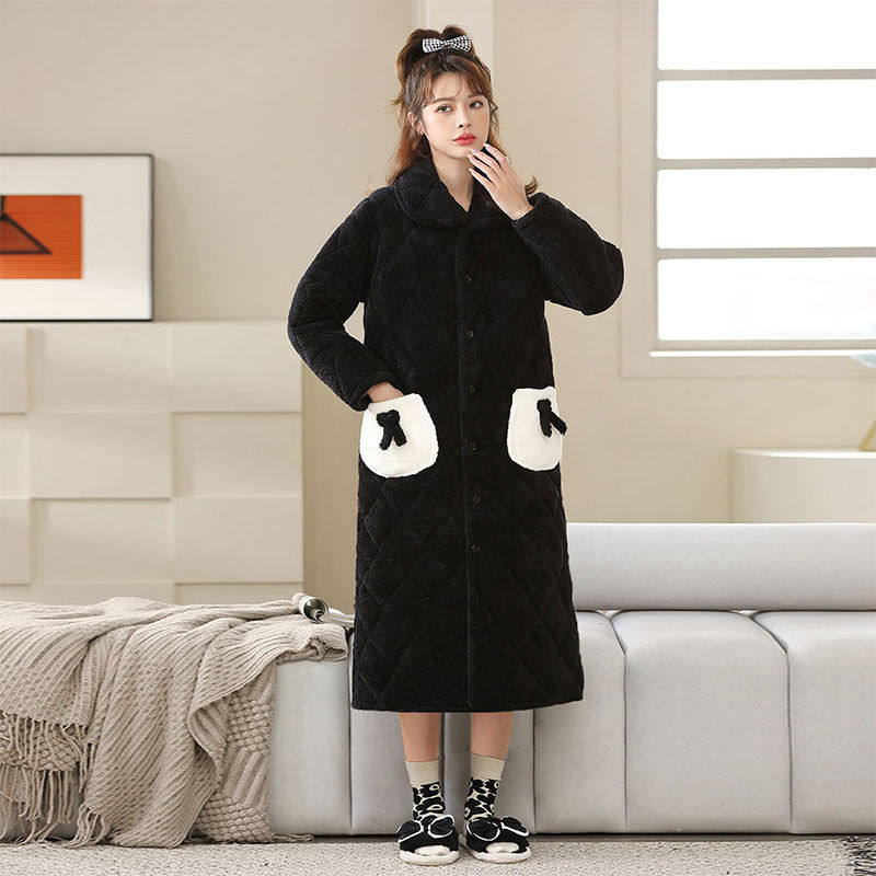 女冬加厚睡袍睡裙浴袍中长款三层夹棉保暖居家服可以外出可当棉衣