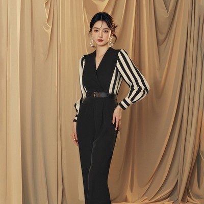 【V】【双色】2025春季新款气质通勤条纹高腰系带连体裤女D0522