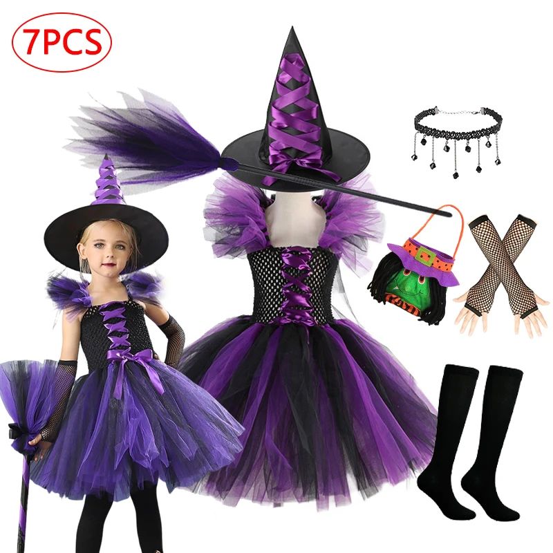 Girls Purple Witch Costume Disguise Halloween Cosplay Carniv