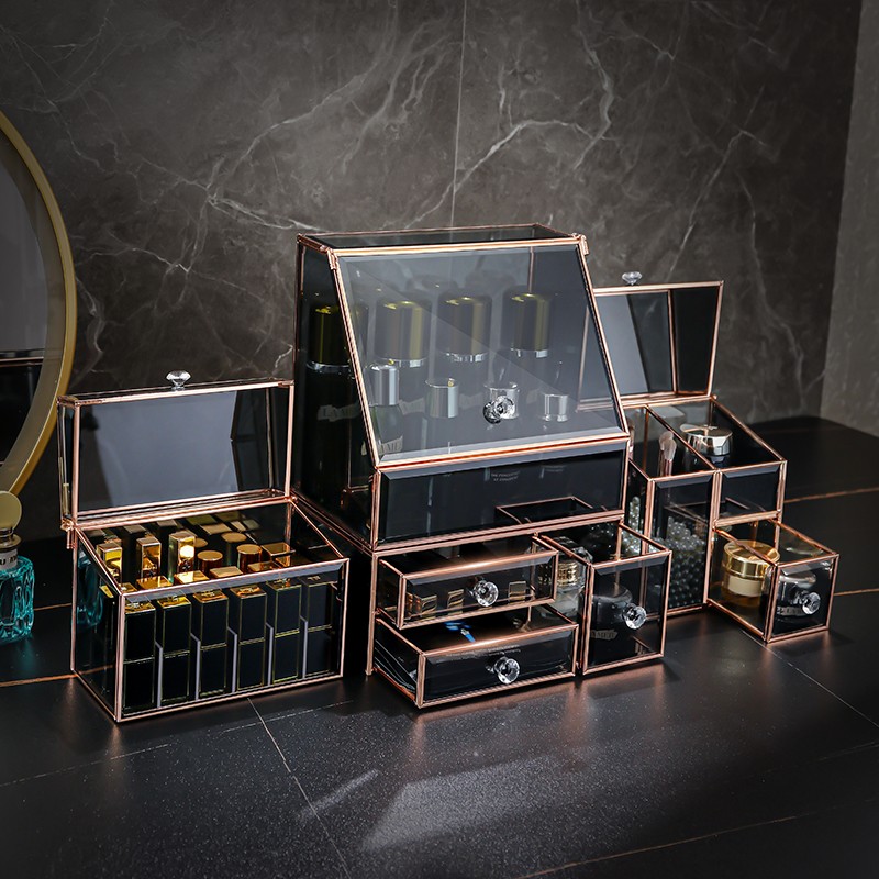 玻璃化妆品收纳盒防尘桌面轻奢实用居家好物梳妆台护肤品置物架