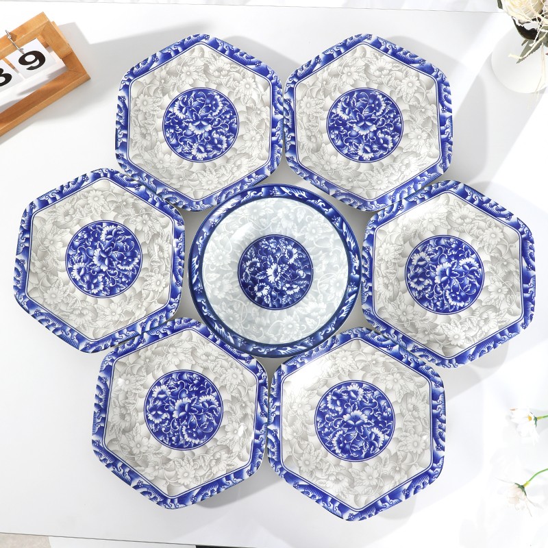 7件套青花瓷6个六角盘+一个8英寸斗碗家用陶瓷拼盘套装