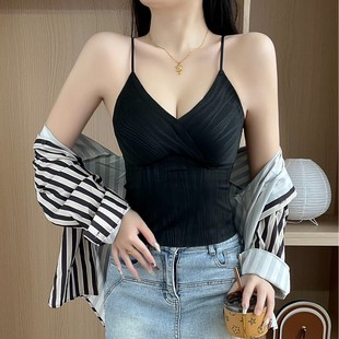 薄款 夏季 V领蕾丝花边美背纯色内搭上衣吊带背心都市风螺纹可外穿