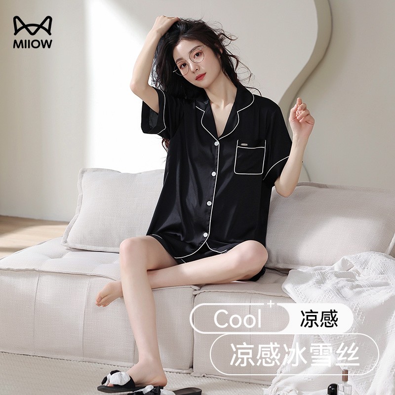 猫人冰丝睡衣女夏季凉感开衫短袖短裤套装大码透气薄款夏天家居服