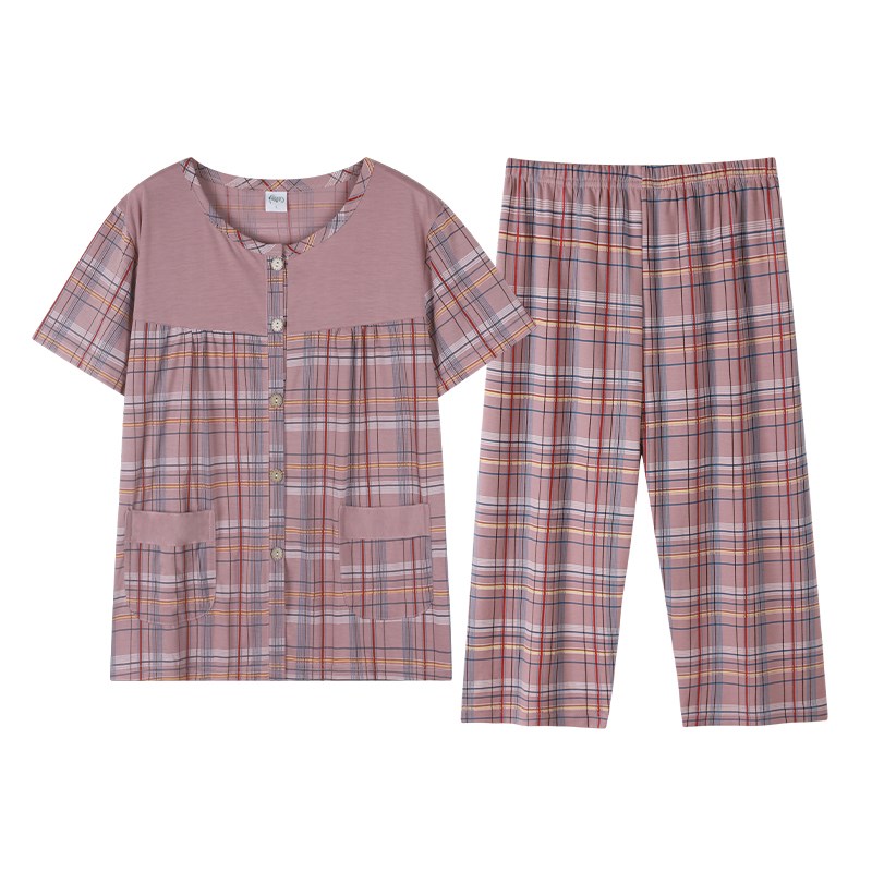 加大码睡衣女士夏季全纯棉短袖七分裤薄款开衫中年妈妈家居服套装