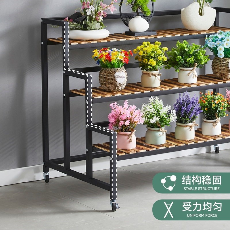 带轮可移动花架置物架阳台家用阶梯式铁艺实木多肉花盆架户外庭院
