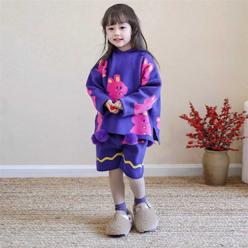 韩国童装2025秋季新款紫色兔子毛球边针织连帽毛衣女童短裤两件套