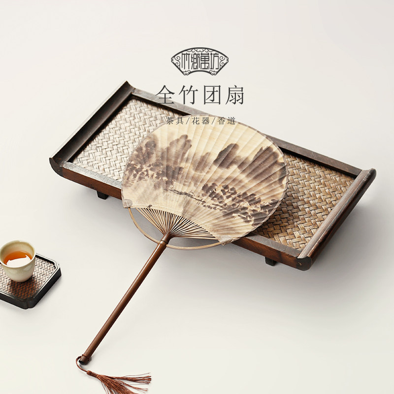 手工文艺蒲扇夏季圆扇子日式空白纸扇古典长柄流苏汉服古风竹团扇