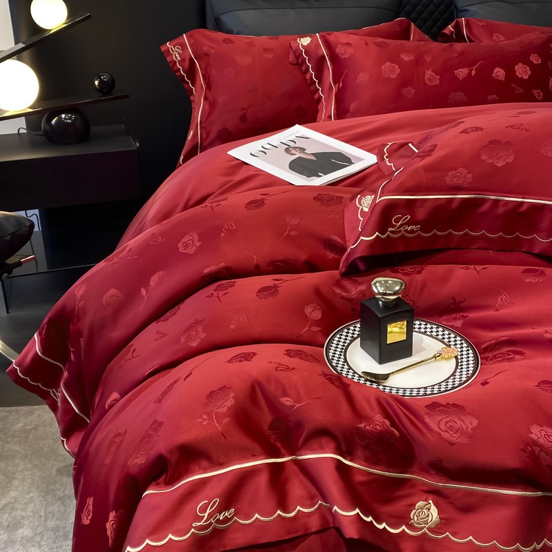 高档中式婚庆四件套大红色床单被套纯棉陪嫁结婚床上用品婚房喜欢