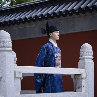 2024汉服男明制妆花仙鹤文官官服圆领袍藏青蓝色司仪中式婚服男