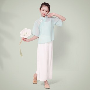 儿童古典舞演出服中国风外婆桥扇子舞蹈服少儿青绿色上春山演出服