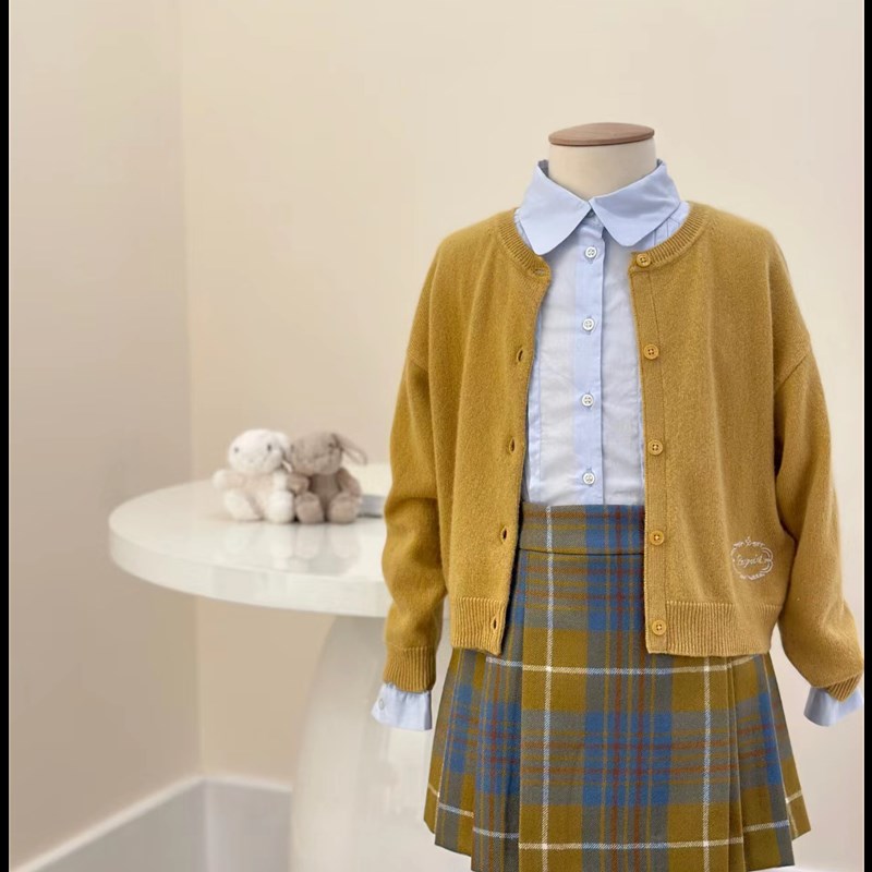 女童暖黄色格纹半裙 儿童黄蓝色秋冬羊毛呢裙子 23新款短裙 格子