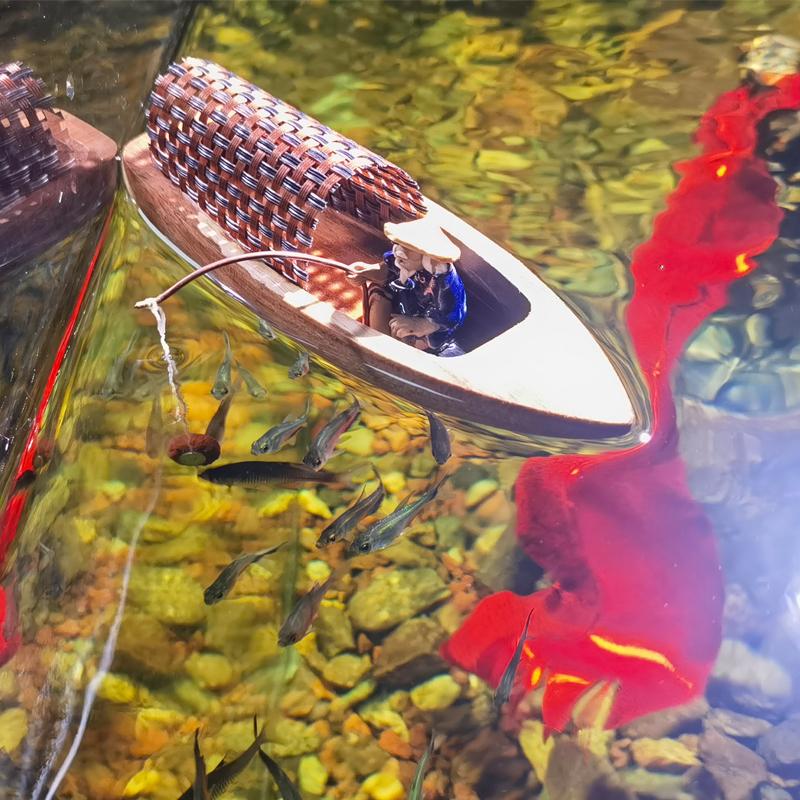 姜太公钓鱼花园流水装饰摆件假山鱼缸渔翁木船钓鱼喂食工艺品造景