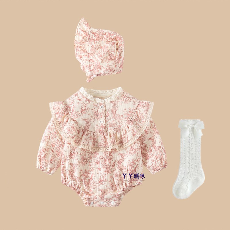 婴儿衣服春装纯棉薄款长袖包屁z衣女宝宝甜美碎花公主满月哈衣春