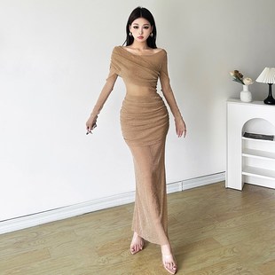 包臀长裙 怪诞女孩 轻熟风温柔女人味网纱拼接长袖 连L衣裙女 修身