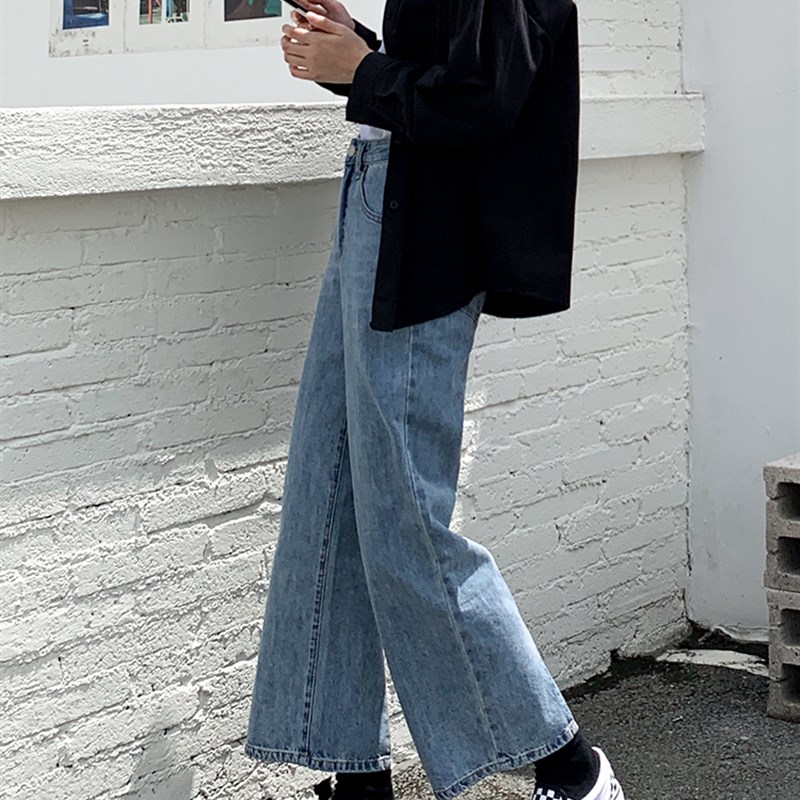 适合胯大腿粗牛仔裤女大码胖mm直筒裤子显瘦开叉阔腿宽松九分裤潮