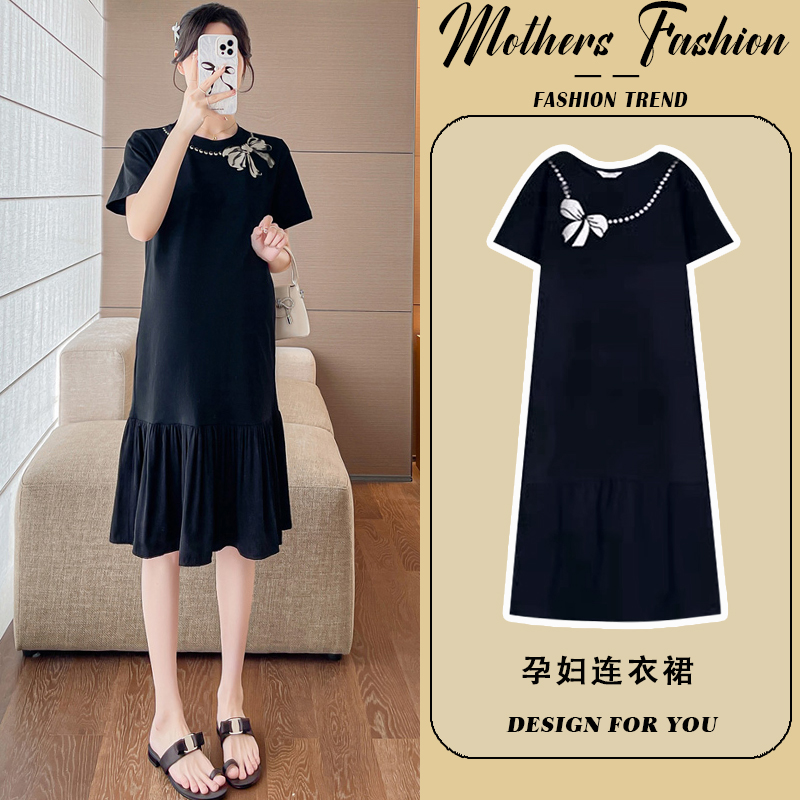 孕妇连衣裙夏季2025新款黑色圆领短袖薄款时尚宽松显瘦遮肚中长款