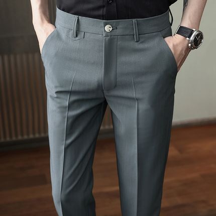 潮流男裤子秋冬新款冰丝修身w小脚9九分西裤条纹韩版男休闲西装裤
