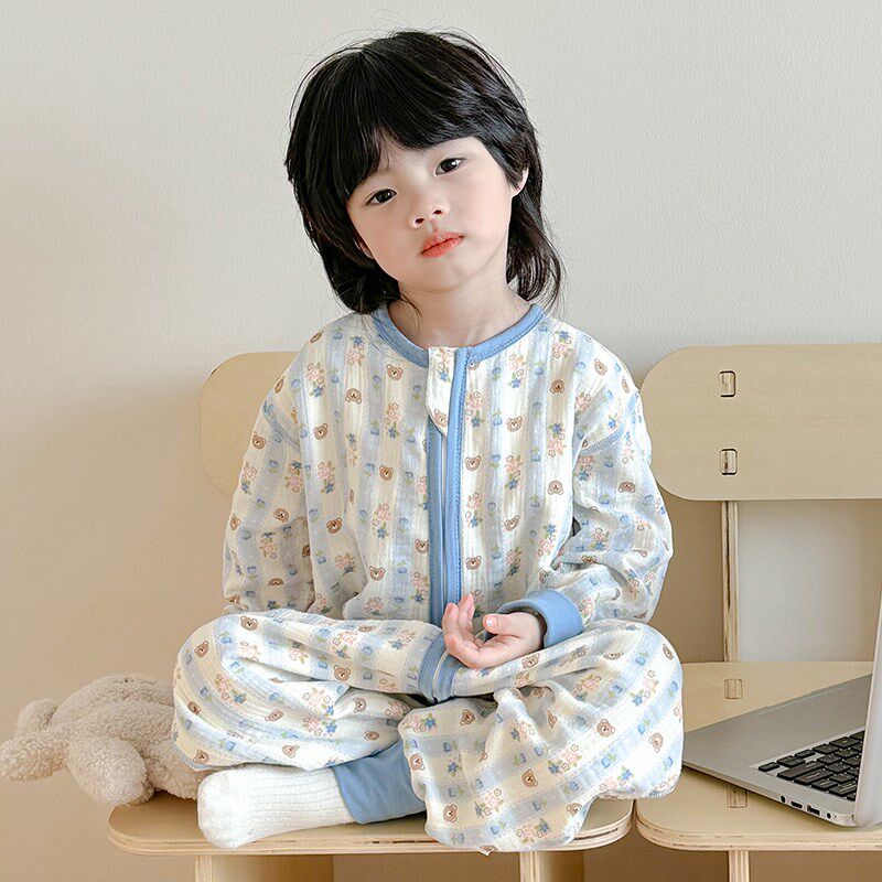 睡袋儿童连体g衣春秋款男童棉麻纱布长袖薄款小孩春季婴儿防踢被