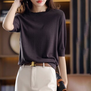针织衫 T恤打底衫 女春秋新款 上衣五分袖 复古优雅宽松大L码 圆领中袖