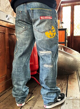 核爆炸潮牌时尚街头牛王刀割破洞印花水洗M磨白直筒浅蓝色牛仔裤