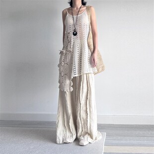 尢系UXI 磨毛须边设计苎麻杏色长裤居家棉麻拼接松紧腰阔腿裤