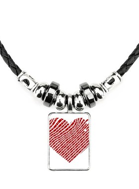 情人节红色心形条纹图案手工皮绳项链吊坠饰品自带仙气