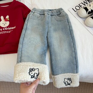 女童加绒裤子秋冬加厚洋气中童小童直筒牛仔裤时尚儿童窄版阔腿裤