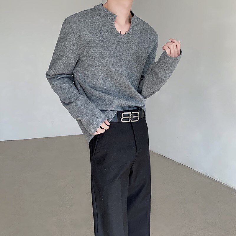 春季小众设计感U领打底衫男生百搭韩系设计长袖Rt恤内搭休闲针织