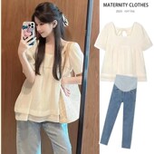 新款 牛仔裤 夏季 宽松薄款 洋气孕妇装 娃娃衫 时尚 雪纺上衣短袖 两件套