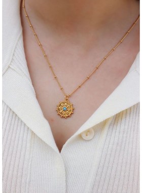 法式小众文艺复古浮雕花纹宫廷风B绿松石金币简约个性气质项链颈