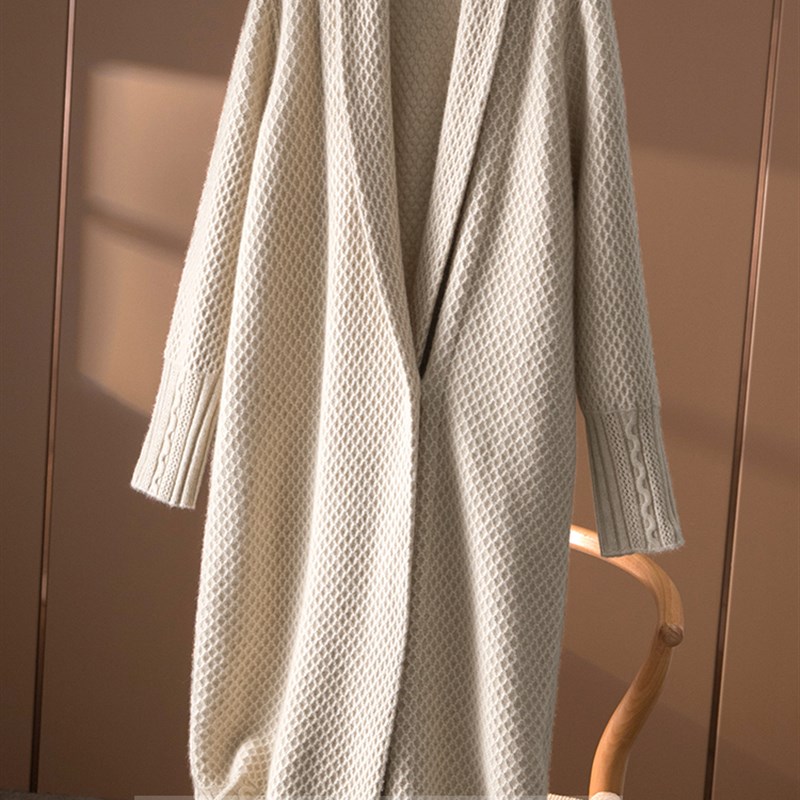 重磅羊绒针织开衫女加厚中长款过膝外套女春秋翻领慵懒风宽松大衣