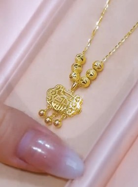 小众设计感金色福字长命锁项链女网红时尚气质P个性锁骨链颈链配
