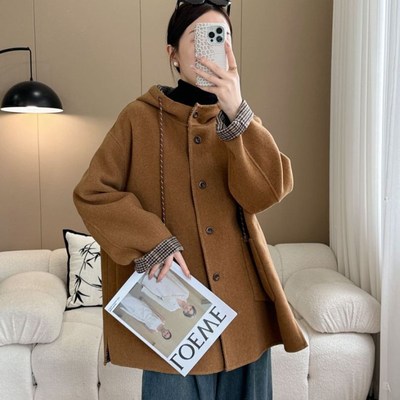 高级感双面羊绒大衣女中长款2024新款韩系格子连帽宽松毛呢外套