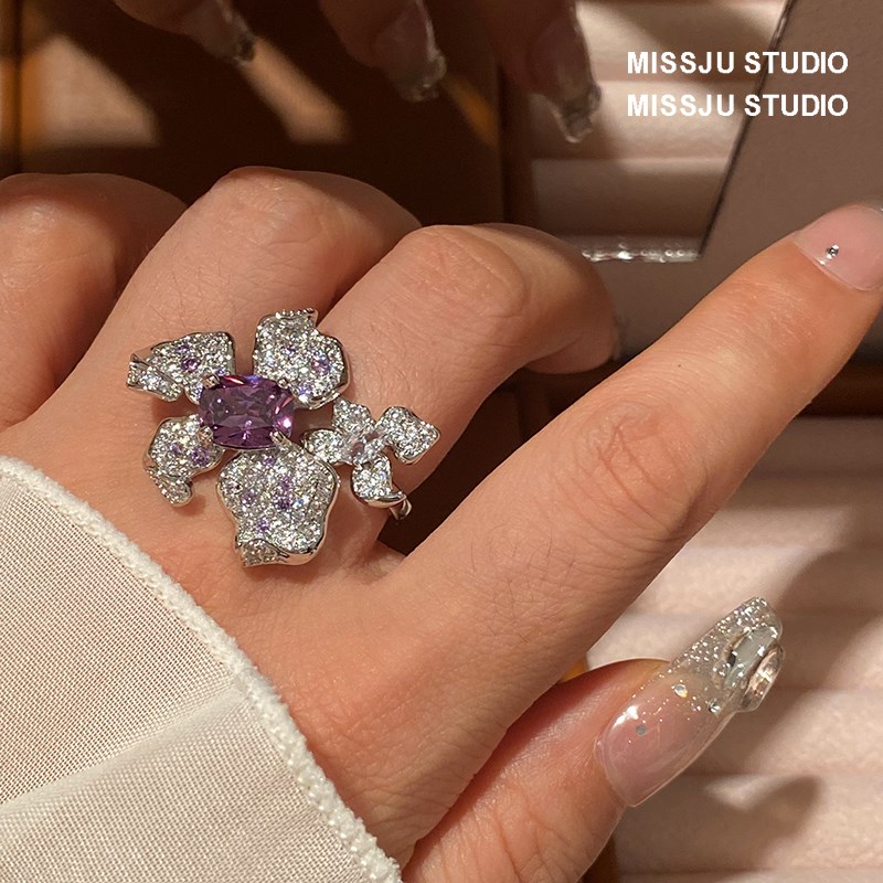 时尚奢华紫钻花戒指立体花朵指环晚宴礼服手饰冷淡风镶钻开口可调