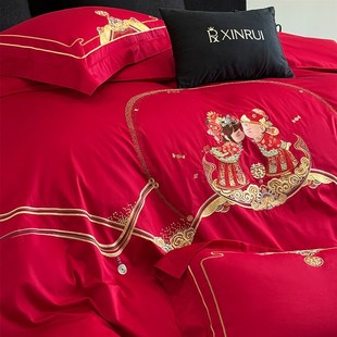青梅竹马中式 婚庆床品四件套100支全棉大红色婚庆被套床单1.8床笠
