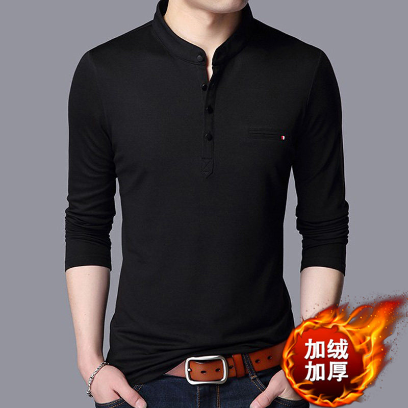 冬装新款立领加绒加厚保暖长袖T恤男青年韩版P修身潮流上衣打底衫