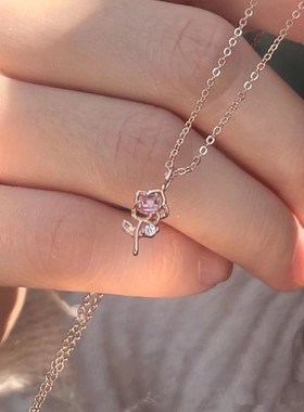 999纯银玫瑰花项链女小众设计感轻奢高级小花朵锁骨链2022年新款