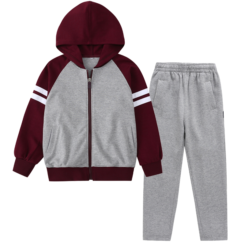 儿童枣红色外套春秋季男女童藏青拼接纯棉卫衣小学生连帽校服套装