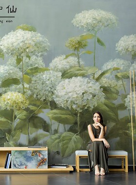 珂朴绿色绣球花美式壁纸客厅电视背景墙布卧室沙发别墅床头壁画3d