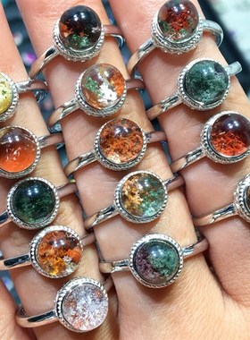 捡漏天然彩幽灵戒指异象水晶幽灵石聚宝盆红绿蓝粉幽灵戒指925银