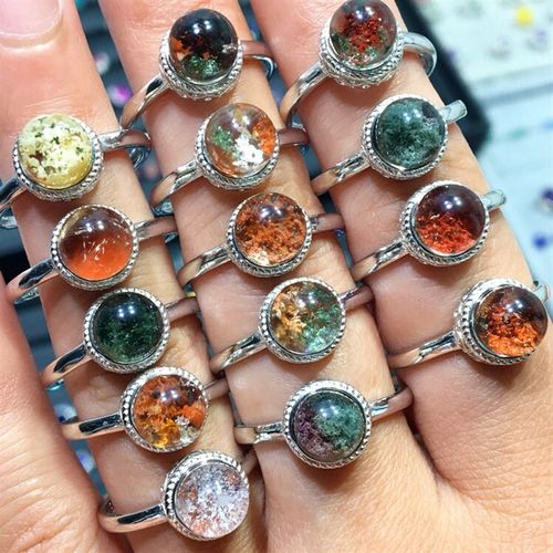 捡漏天然彩幽灵戒指异象水晶幽灵石聚宝盆红绿蓝粉幽灵戒指925银