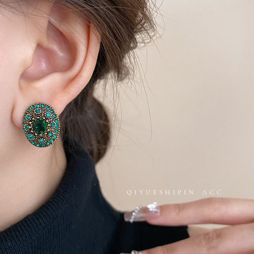 绿钻复古椭圆耳钉气质精致2024新款爆款小众高级感耳环时尚耳饰女