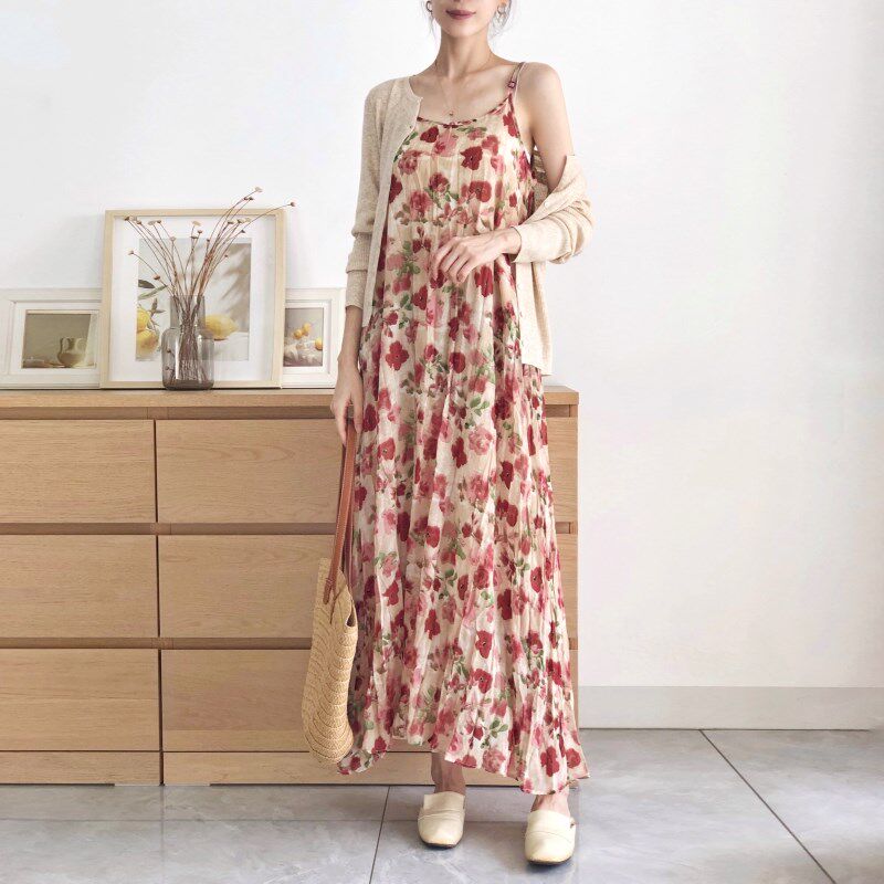 粉色碎花吊带长裙到脚踝女春夏季套装加开衫O两件套海边度假连衣图片