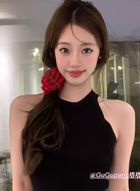 温柔显白红色玫瑰花发圈超甜美少女感立体花朵大肠圈发绳新年发饰