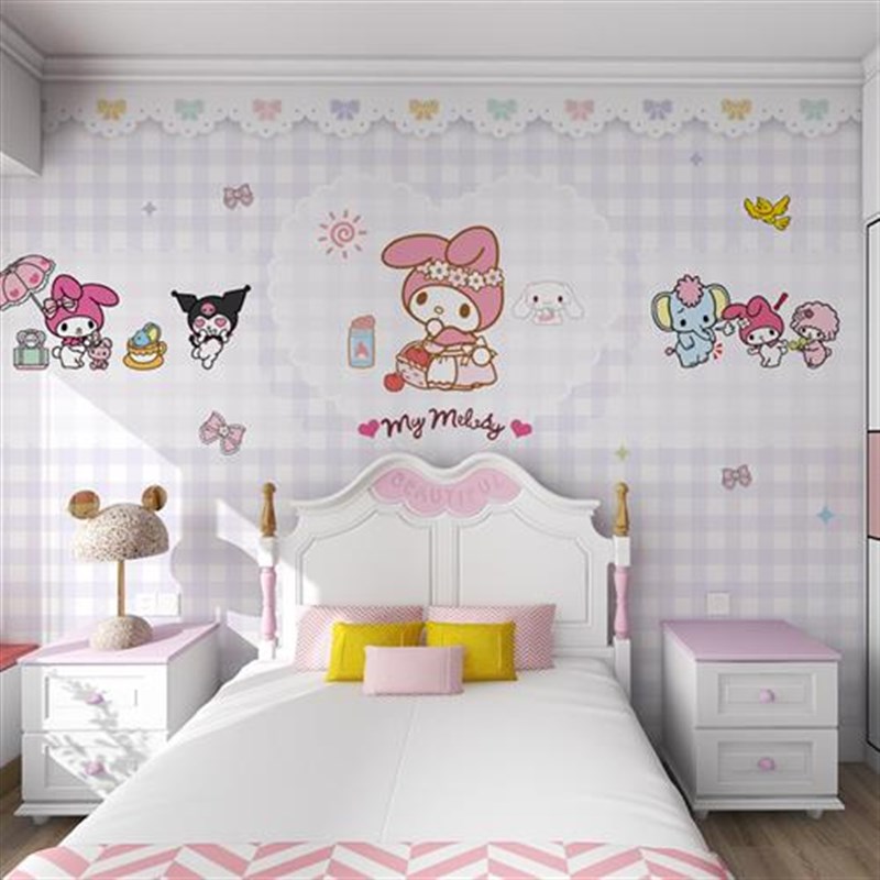 新款儿童房壁纸i女孩墙纸房间 卧室库洛米紫色壁布2023新款墙布背