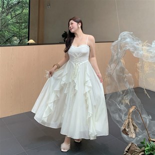 嫁纱 200斤法t式 花 大码 夏 海边度假仙女气质无袖 吊带连衣裙女装