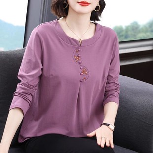纯棉长袖t恤春秋装宽松上u衣中年女士秋衣外穿丅血妈妈洋气打底衫