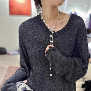 拉丝银球串珠项链女小众设计高级感长款毛衣链气质叠戴锁骨链颈链