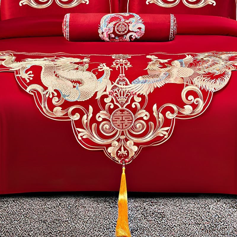 高端中式婚房大红色n婚庆四件套刺绣喜结婚礼床上用品床单被套床